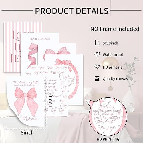 3 Piece Pink Bows Wall Art for Girls Room, Bible Verse Pictures Bathroom Decor, Coquette Posters Prints, Cute Teen Room Decoration, Dorm Decor for College, College Gifts for Girls 8x10 Inch thumbnail 2