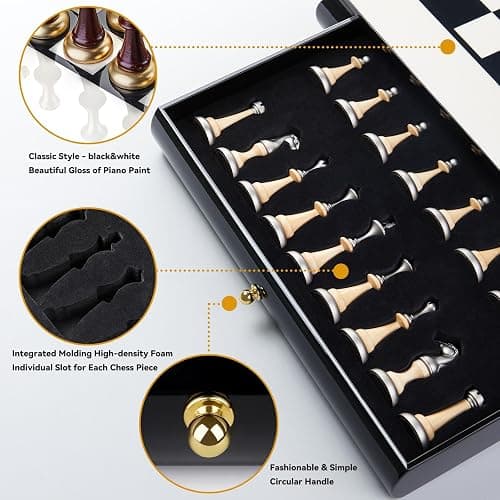 AMEROUS 16 Inches Wooden Chess Set, Large Size Board with 2 Built-in Storage Drawers - 2 Extra Queens - Metallic & Wooden Chess Pieces - Gift Packaging, Board Games for Adults and Kids thumbnail 7
