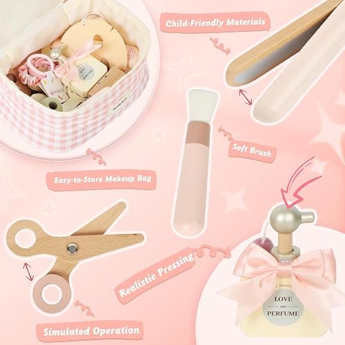 Pithfor Wooden Makeup Toy Set, Pretend Play Makeup Set for Kids Toddlers, Play Beauty Makeup Kit for Girls 3 4 5 6 7 Year Old thumbnail 4