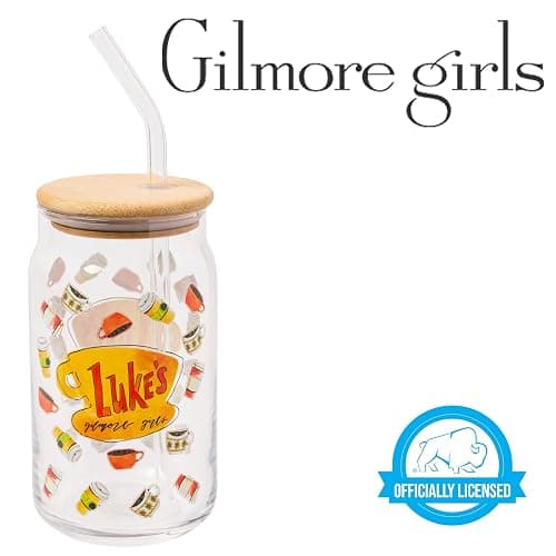 Silver Buffalo Gilmore Girls Luke's Diner Logo Glass Jar Tumbler with Bamboo Lid and Glass Straw, 16 Ounces thumbnail 8