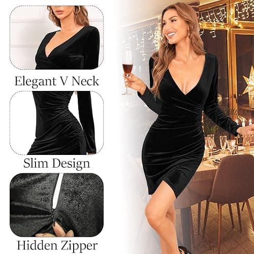 CheChury Robe Femme Hiver Courte Velours Robe Moulante à Manches Longues Col en V Robe De Soiree Femme Vintage Chaud Chic Sexy Robe thumbnail 5