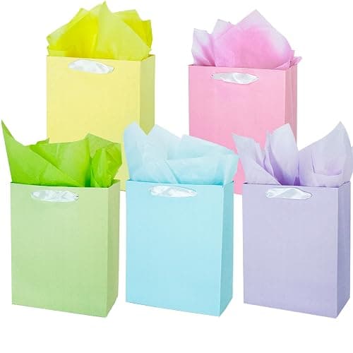 MOXARYSU 5 Pcs Small Medium Gift Bags With Handles: 7x4x9 Pastel Kraft Paper Bags With 10 Tissues For Party, Birthday,Baby Shower,Wedding（Soft Color） - Image 1