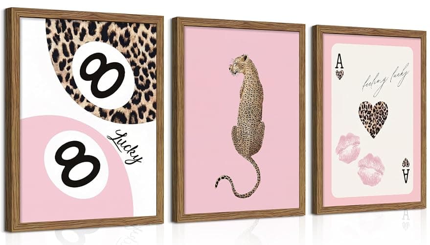 Framed Pink Trendy Wall Art Set of 3, Cheetah Print and Lucky 8 Ball Pictures Wall Decor, Vintage Preppy Paintings Canvas Prints Y2K Aesthetic Room Decor for Teen Girls Room Bedroom Bathroom 12x16 Inch Ready to Hang - Image 1