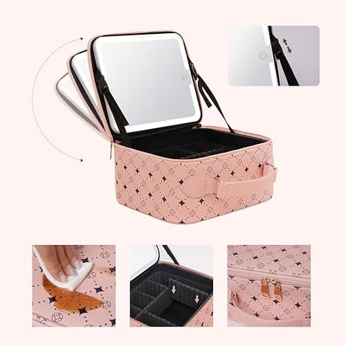 Travel Makeup Bag With 360° rotating LED Mirror,Waterproof cosmetic organizer,Portability Cosmetic case,Makeup organizer,Gift for Women,Girls Gift (Pink) thumbnail 5