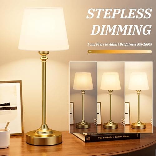 Cordless Table Lamp Rechargeable Gold - 1 Pack Brass 4000mAH Battery Operated Lamp for Decor, 3000K Stepless Dimming Touch Control Wireless Lamp for Bedroom, Dining Table, Counter, Living Room thumbnail 2