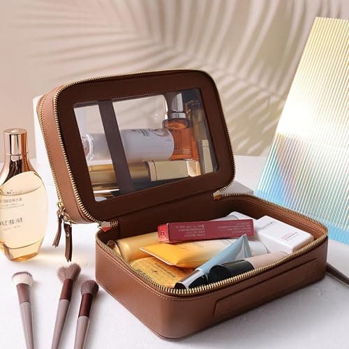 SANHECUN Clear Travel Toiletry bag Toiletry Case Carry on Travel Accessories Bag Makeup Bag Dimensions | LxWxH:9” x 6” x 4.2” (Brown, SHC-TL-2) thumbnail 2