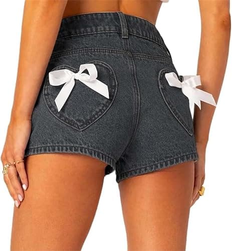 Women Cute Zipper Jeans Bow Trim Denim Shorts with Heart Pockets Y2k Vintage Stretch Mini Bottoms Streetwear - Dark Grey - Small - Image 1