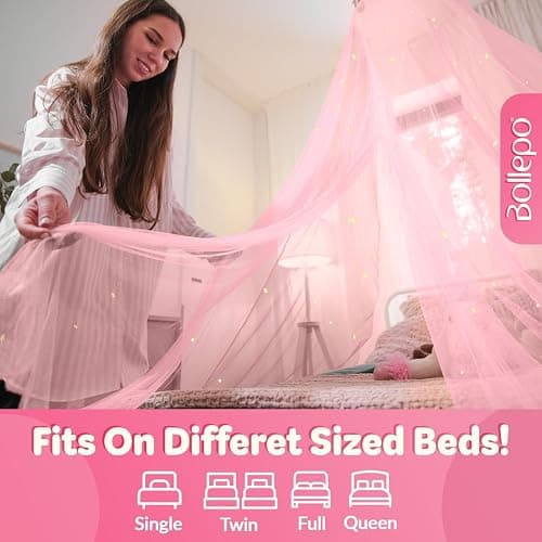Pink Bed Canopy for Girls with Glowing Stars - Premium Canopy Bed Curtains | Fits Single, Twin, Full, Queen Size Kids Bed, Princess Netting Room Decor, Ceiling Tent to Cover Toddler, Canopy for Bed thumbnail 2