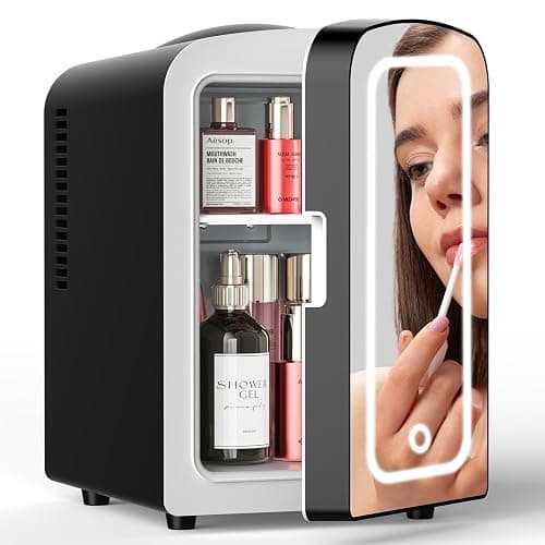 Electactic Skincare Fridge With Built-in LED Light Mirror, 4L Compact Mini Refrigerator AC/DC Portable 6 Can Small Cosmetics Cooler for Makeup, Beverage, Food, Bedroom, Office & Dorm, Black - Image 1
