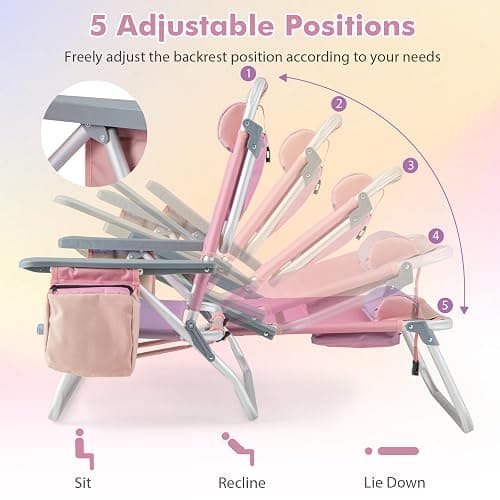 Giantex Folding Beach Chair, Patio Sling Chairs with 5 Adjustable Position, Head Pillow, Storage Bag, Towel Bar, Cup Holders, Backpack Chairs for Sunbathing, Camping Chair thumbnail 5
