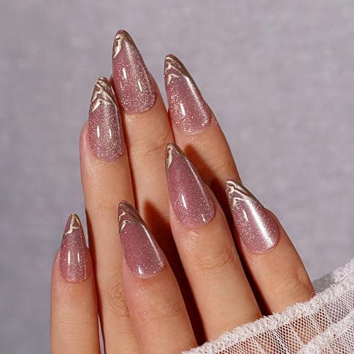KQueenest Glitter Pink French Tip Press On Nails Almond, 30 Pcs Cat Eye Press On Nails with Gold Swirls, Bling Sparkly Fake Nails With Glue, Luxury Reusable Stick on Nail for Women Gift thumbnail 2