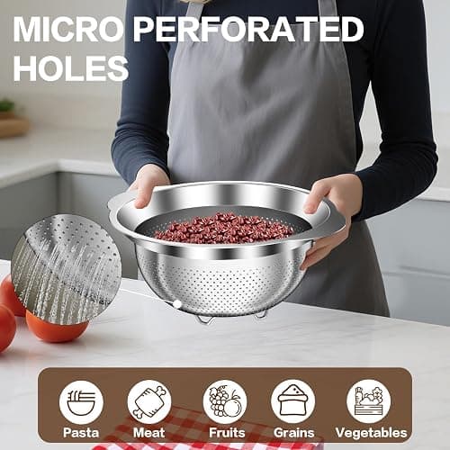 Stainless Steel Colander for Kitchen, Stainless Steel Strainer, Pasta Strainer for Spaghetti Fruit Vegetable Cooking Food, 3 Pcs Strainers and Colanders(2QT, 3QT, 5QT), Dishwasher Safe, Kitchen Gift thumbnail 6