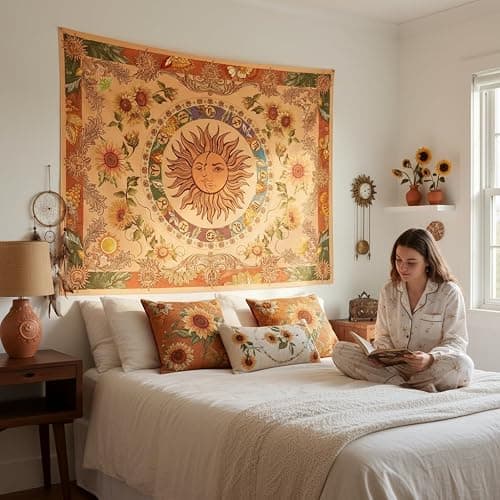 Accnicc Yellow Sun and Moon Tapestry Vintage Indie Boho Tapestry Wall Hanging with Sunflowers Butterfly Moth Constellation Aesthetic Wall Tapestries for Bedroom Dorm Living Room (Orange, 48'' × 36'') thumbnail 5