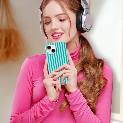 Hython for iPhone 14 Case & iPhone 13 Case Cute Striped Aesthetic Design Simple Stripes Cover 6.1", Thin Slim Soft TPU Bumper Shockproof Rubber Protective Phone Cases Women Girls, Lake Blue and Mint thumbnail 5