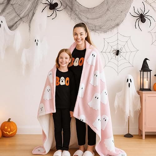 Smoofy Halloween Throw Blanket, Pink Ghost Fleece Halloween Blanket 50"x60" | Cute Pink Halloween Room Decor, Fluffy 3D Spooky Halloween Blanket for Sofa & Bed thumbnail 2
