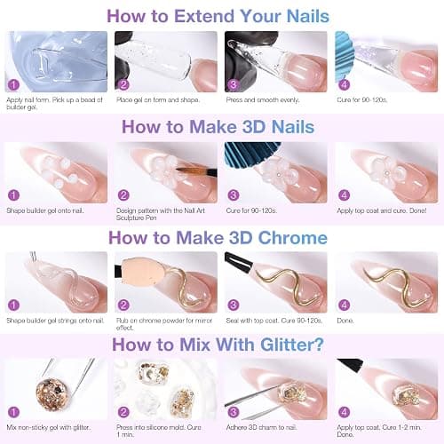 GELLAKTIK All-in-One Solid Builder Nail Gel Kit: 60g Hard Gel with 3D Mold, 6-Color Powders & Nail Art Tools (Nail File, Cuticle Pusher, Pen), Non-Sticky for Nail Extension, DIY Salon, UV/LED Cured thumbnail 6