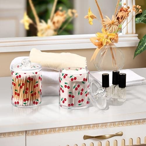 Bulletgxll Apothecary Jar with Lids 2 Pack Cute Cherry Fruit Qtip Holder Clear Plastic Containers Bathroom Vanity Countertop Organizer for Cotton Swabs, Cosmetic Pads, Sponges, Flossers thumbnail 7
