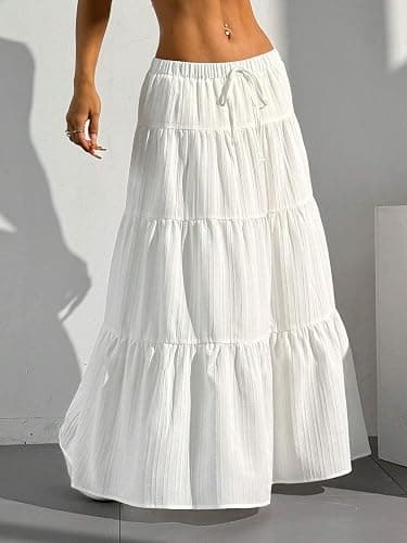 Xuani Maxi Skirt for Women Long Boho Flowy Ruffle Elastic High Waist | Flared, A Line, Decorative Front Tie, Tiered Layer Versatile, Lining, Casual Summer Beach Vacation Outfits, 2026 Spring Fall thumbnail 3