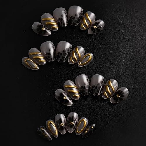 24Pcs Brown Flower Press on Nails Leopard Fake Nails Medium Almond False Nails with Gold Design Brown Flower Acrylic Nails Irregular Stick on Nail Artificial Full Cover False Nail for Women thumbnail 3