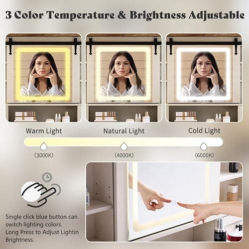 AMERLIFE 42'' Farmhouse Makeup Vanity Desk with Sliding Mirror and Lights, Glass Tabletop Vanity Table with 2 Drawers & Shelves for Bedroom(NO Bench), Antique White thumbnail 5