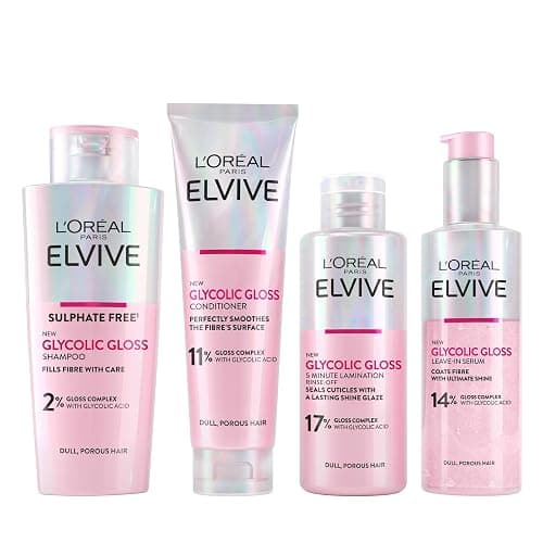 L'Oréal Paris Elvive Glycolic Gloss Shampoo, Conditioner & Treatment Set | Get The Shiniest Hair Of Your Life, Glossing Routine For Mirror-Like Shine, Rinse Off Treatment For Dull Porous Hair - Image 1