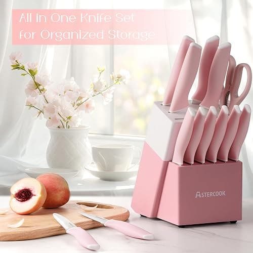 Astercook Knife Set, Kitchen Knives Set with Block and Sharpener 15 Pcs German Stainless Steel Knives Sharp Blade Dishwasher Safe Deba Knives with Ergonomic Handle, Crystal Pink thumbnail 3