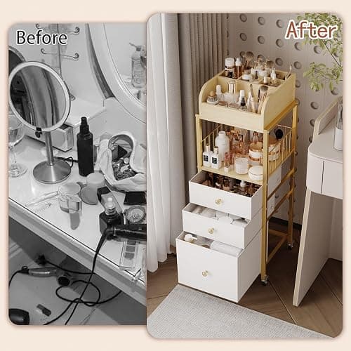 Makeup Organizer Cart with Drawers, Floor Skincare Organizers Make Up Organizers-Vanity Organizer Cosmetic Display Cases Holder for Skin Care Perfume Nail Polish Brush Hair Tool（Gold） thumbnail 6