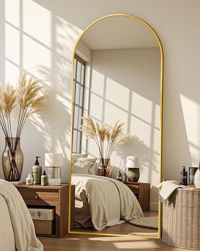 Homsion Full Length Mirror with Stand, 64"x21" Arched Mirror Large Standing Mirrors, Tall Mirrors Body Floor Mirror for Bedroom Living Room Aluminum Frame, Gold thumbnail 4