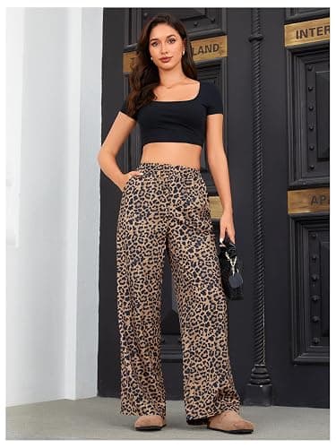 OYOANGLE Women's Leopard Print Elastic High Waist Long Pants | Loose Wide Leg, with Pockets, All Over Cheetah Printed, Casual Ladies Outfit, Palazzo Trousers thumbnail 7