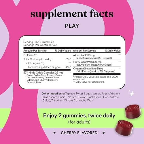 Lemme Play Daily Intimacy Gummies for Women and Men w/Clinically-Studied S7 Nitric Oxide Complex for Healthy Blood Flow, Maca Root, Goat Weed - Cherry Flavored (60 Count) thumbnail 5
