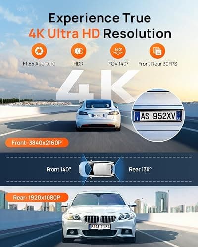 70mai 4K Dash Cam Front and Rear, Built in Wi-Fi 6 & GPS Car Camera, Super Night Vision, ADAS, 3'' IPS Screen, 24H Parking Mode, Time-Lapse, Loop Recording, with 128GB Card (A800SE) thumbnail 2