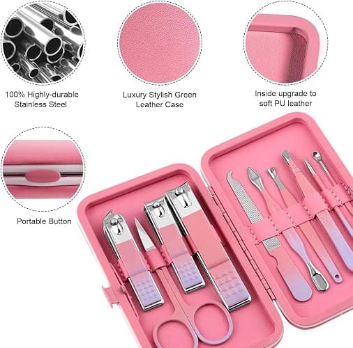 Manicure Set 10pcs Professional Nail Clippers Kit Pedicure Care Tools-Stainless Steel Grooming Tools for Travel (Pink Purple) thumbnail 5