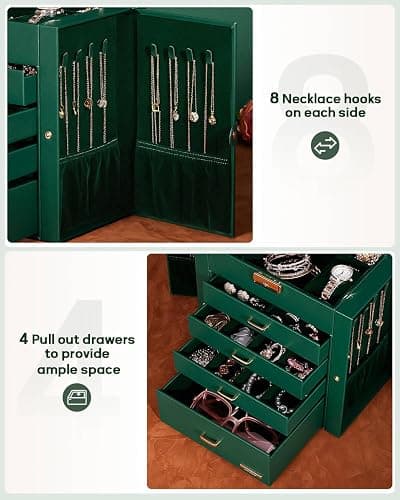 Homde Synthetic Leather Huge Jewelry Box Mirrored Watch Organizer Necklace Ring Earring Storage Lockable Gift Case (Forest Green + Gold) thumbnail 6