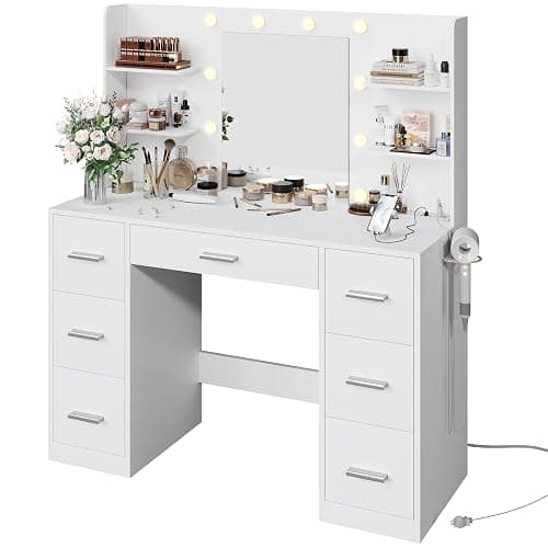 YESHOMY Vanity Desk with Mirror, Power Outlet and 10 Lights, Makeup Table with 7 Drawers, 3 Color Modes Available for Bedroom, White thumbnail 9
