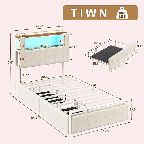 KSOBEBVT Twin Bed Frame with Storage Drawers, Upholstered Headboard with Charging Station & LED Lights, Metal Platform Bed Frame Twin Size, Noise Free, No Box Spring Needed, Easy Assembly, Beige thumbnail 2