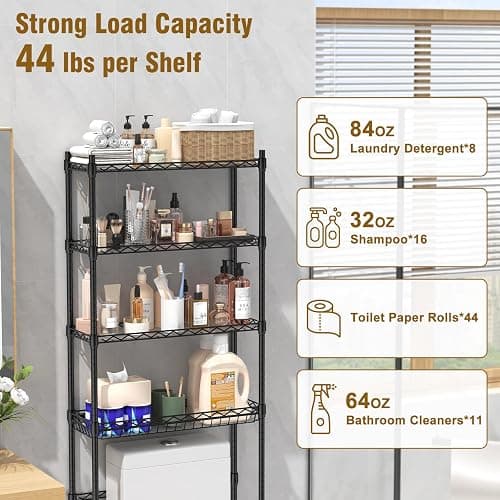 EAGMAK 4 Tier Over The Toilet Storage Rack, Bathroom Organizers and Storage Over Toilet with Adjustable Shelf and Basket, Above Toilet Storage Bathroom Cabinet for Small Space (Black) thumbnail 4
