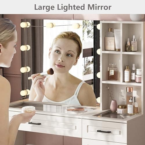Fameill White Vanity Desk with Mirror and Lights,Glass Top Vanity Table with 3 Drawers and Cabinets,Large HD Mirror Makeup Desk,3 Lighting Modes, Brightness Adjustable,45 in(L) thumbnail 8