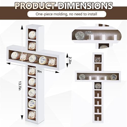 Teenyyou Baseball Ring Holder Display Case 12 Posts Softball Championship Ring Holder 9 x 14 Inches Wall Mount Cross Wooden Shadow Box for Storing Sports Champion Souvenirs thumbnail 3