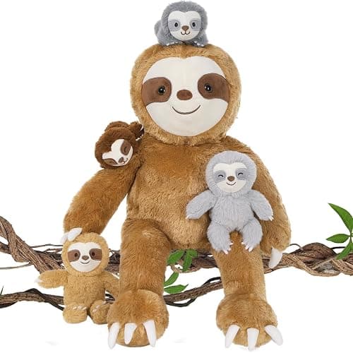 Tezituor 5Pcs Sloth Stuffed Animal Set, 22 inch Large Mommy Stuffed Sloth with 4 Babies Soft Plush Pillow for Girl Boy - Image 1