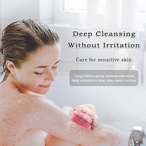 FREATECH Silicone Shower Body Wash Scrubber, Dual-Sided Body Buffer for Gentle Exfoliation, Cleansing and Massage, Men Women Baby Sensitive Skin, More Hygienic and Durable Than Loofah, Pink thumbnail 4