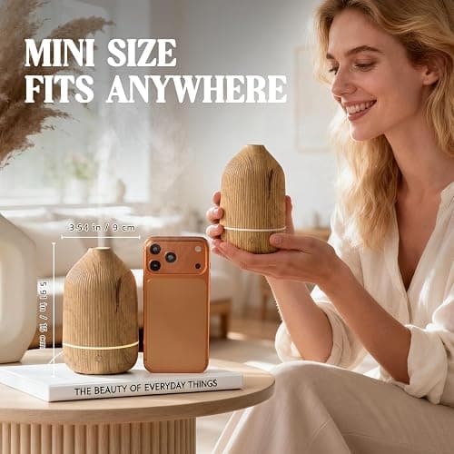 Essential Oil Diffuser, 100ml Aromatherapy Diffuser, Mini Ultrasonic Diffuser for Essential Oil, Home, Office, Cool Mist Humidifier with 7 Led Light, Auto Shut-Off, Wood Grain thumbnail 2