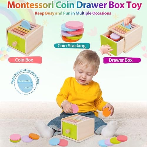 FCSONU Toddlers Montessori Coin Box Toys for 1 2 3 Year Old Boys Girls Baby | Wooden Baby Toys|Fine Motor Skills Toys, Kids Learning Color Sorting & Stacking Sensory Toys, Easter Christmas Birthday Gifts thumbnail 3