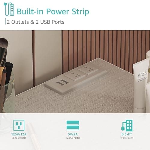 KAI-ROAD White Makeup Vanity Desk No Mirror with Chair, Small Vanity Table Set with Fabric Drawers, Power Outlet & Chair Without Mirror, Modern Make Up Desk for Girls Bedroom thumbnail 7