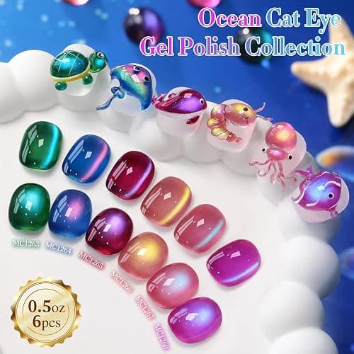 Double Rhythm Cat Eye Gel Nail Polish Set of 6 Same Color Same Bottle 0.5 Oz Shimmer Glitter with Magnet Holographic Reflective Magnetic UV Nail Polish Kit at Home (Glass Galaxy Green-T6-59) thumbnail 3