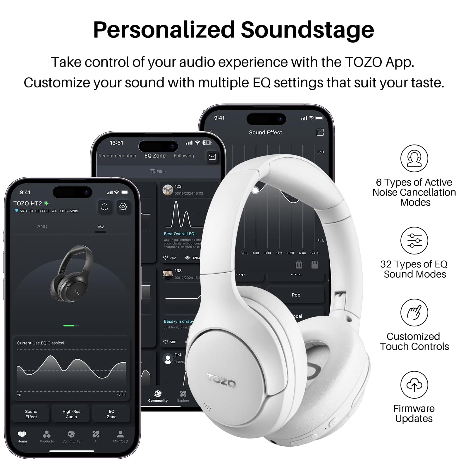 TOZO HT2 Hybrid Active Noise Cancelling Wireless Headphones, 60H Playtime Lossless Audio Over Ear Bluetooth Headphones, Hi-Res Audio Deep Bass Foldable Lightweight Headset for Workout White thumbnail 6