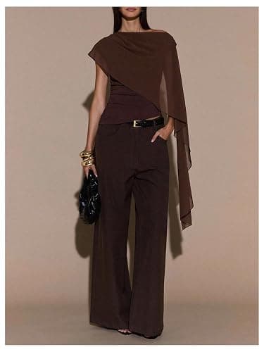 BEAUDRM Women's Ruched Cape One Shoulder T Shirts Short Sleeve Asymmetrical Neck Fitted Crop Top thumbnail 5