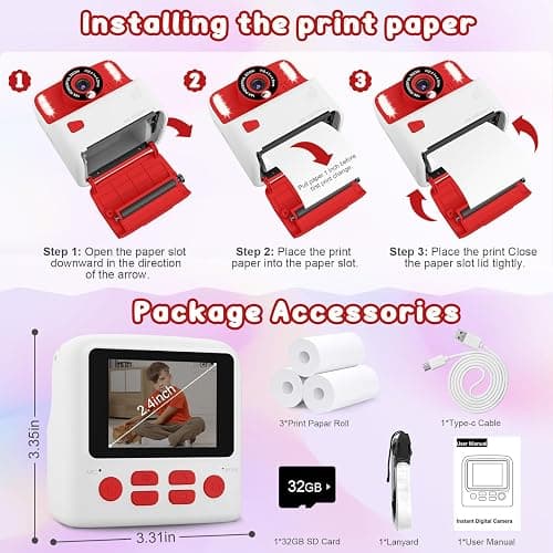 Amzelas Kids Instant Print Camera, Portable Toys Camera for Toddler, Print Black & White Photos Instantly, Ideal Birthday for Boys & Girls Ages 3–12 (White&Red) thumbnail 6