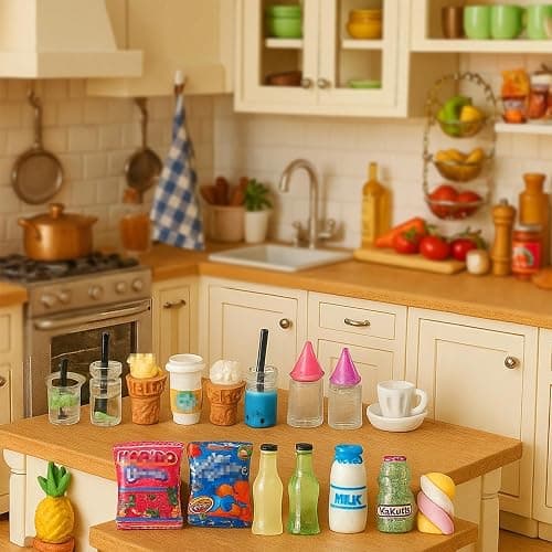 HKLMRO 150Pcs Miniature Food Drink Bottles Adults Dollhouse Soda Pop Cans Pretend Play Kitchen Cooking Game Party Accessories Toys Hamburger Cake Ice Cream Pizza Bread Tableware Doll House Landscape thumbnail 7
