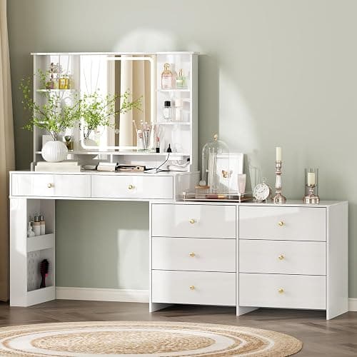 Ieejdn Makeup Vanity Desk with Mirror and Lights, Vanity Desk with 8 Drawers & Storage Shelves, Vanity Table with Power Outlet, 3 Color Modes & Adjustable Brightness Dressing Table, Bedroom,White - Image 1