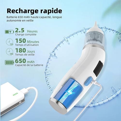 Mouche Bebe Electrique, Mouche nez Bébé confort 5 niveaux d'aspiration mouche-bébé 3 tailles Embout musique et lumière apaisantes affichage LED portable thumbnail 5